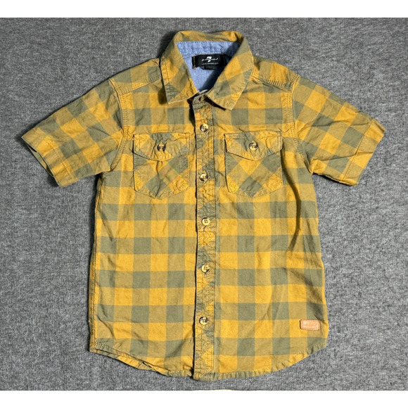 7 For All Mankind Button Up Short Sleeve Shirt Yellow/Gray Plaid - Size 4T - Picture 1 of 4